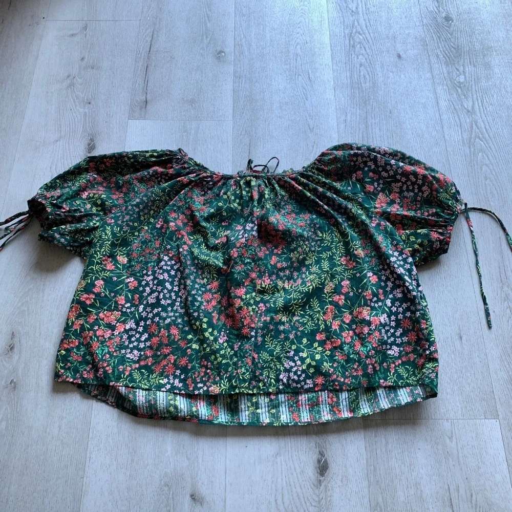 LOFT Women's Green Floral Smocked Off-Shoulder‎ Puff Sleeve Crop Top Blouse